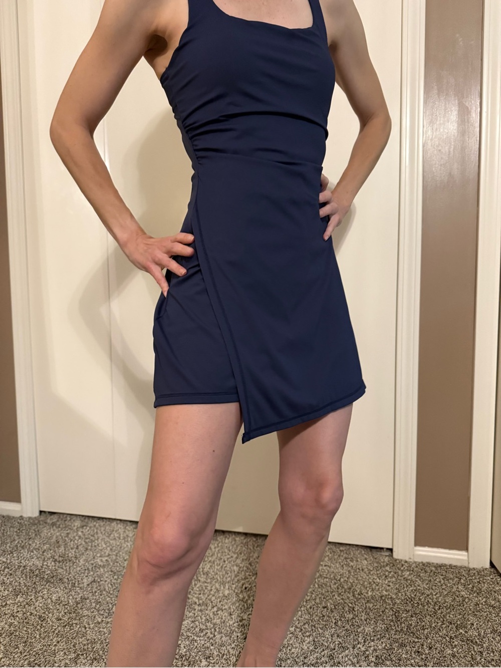 Amazon Navy Asymmetrical Square-Neck Tennis Dress, Small. Shorts built in.